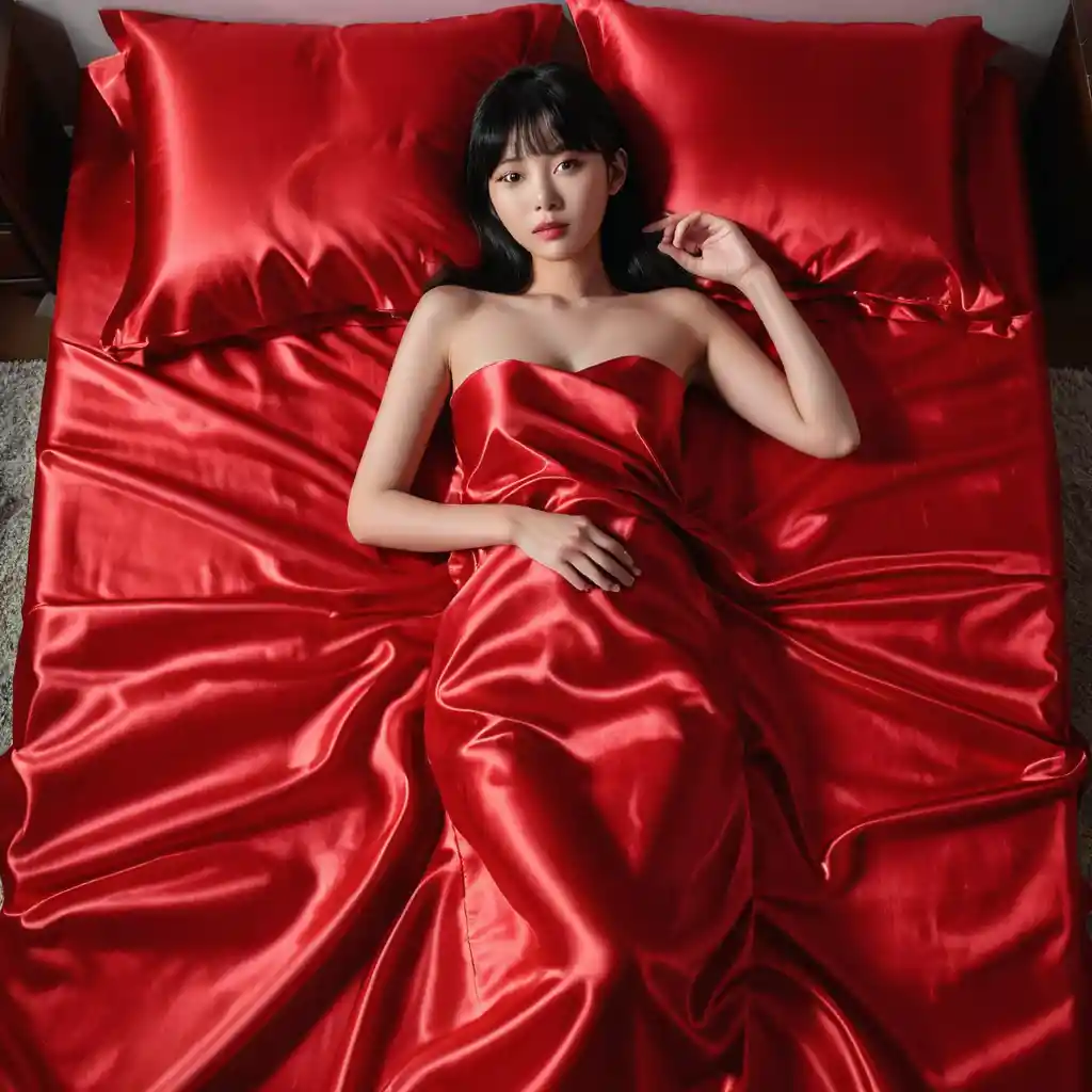 Beautiful korean woman lying on scarlet satin bed sheets