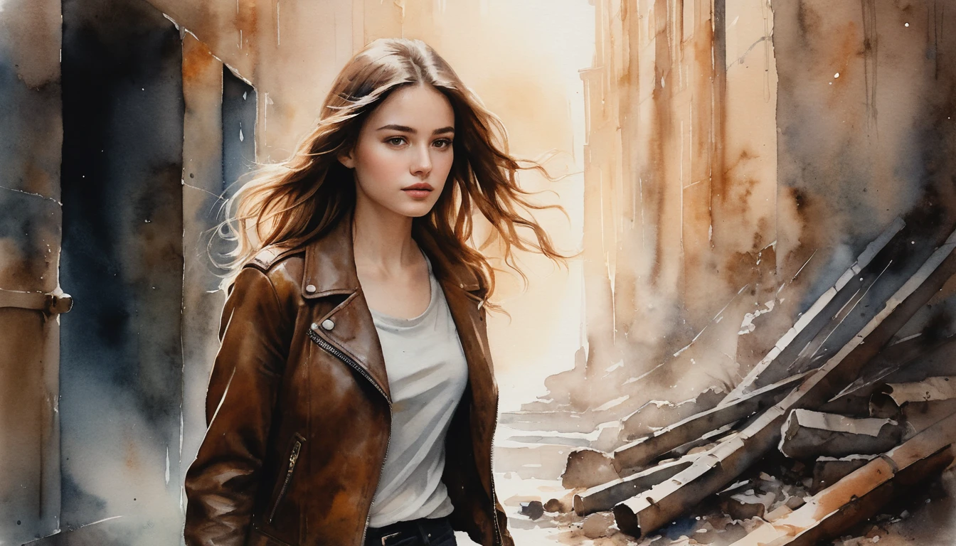 Watercolor girl walking through a fading gold vault