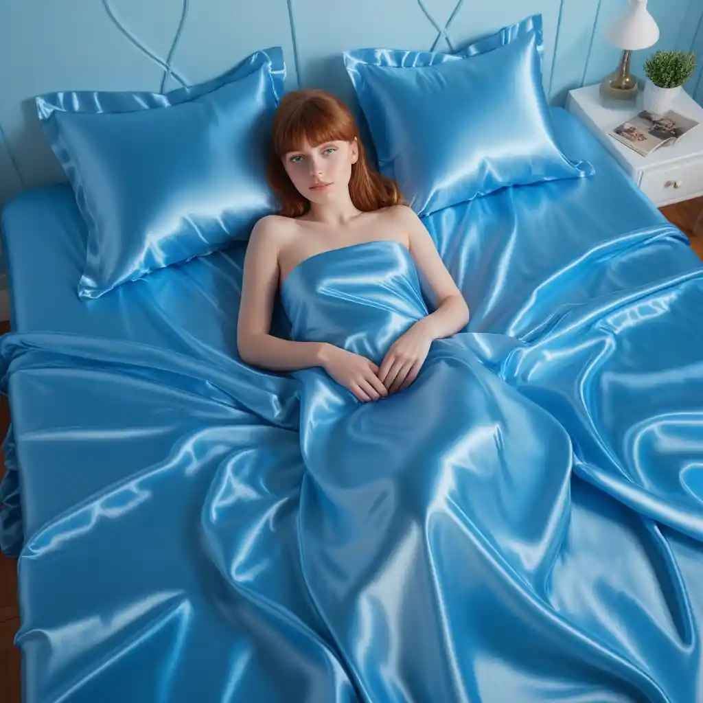 Woman lying on vivid blue satin sheets looking at viewer