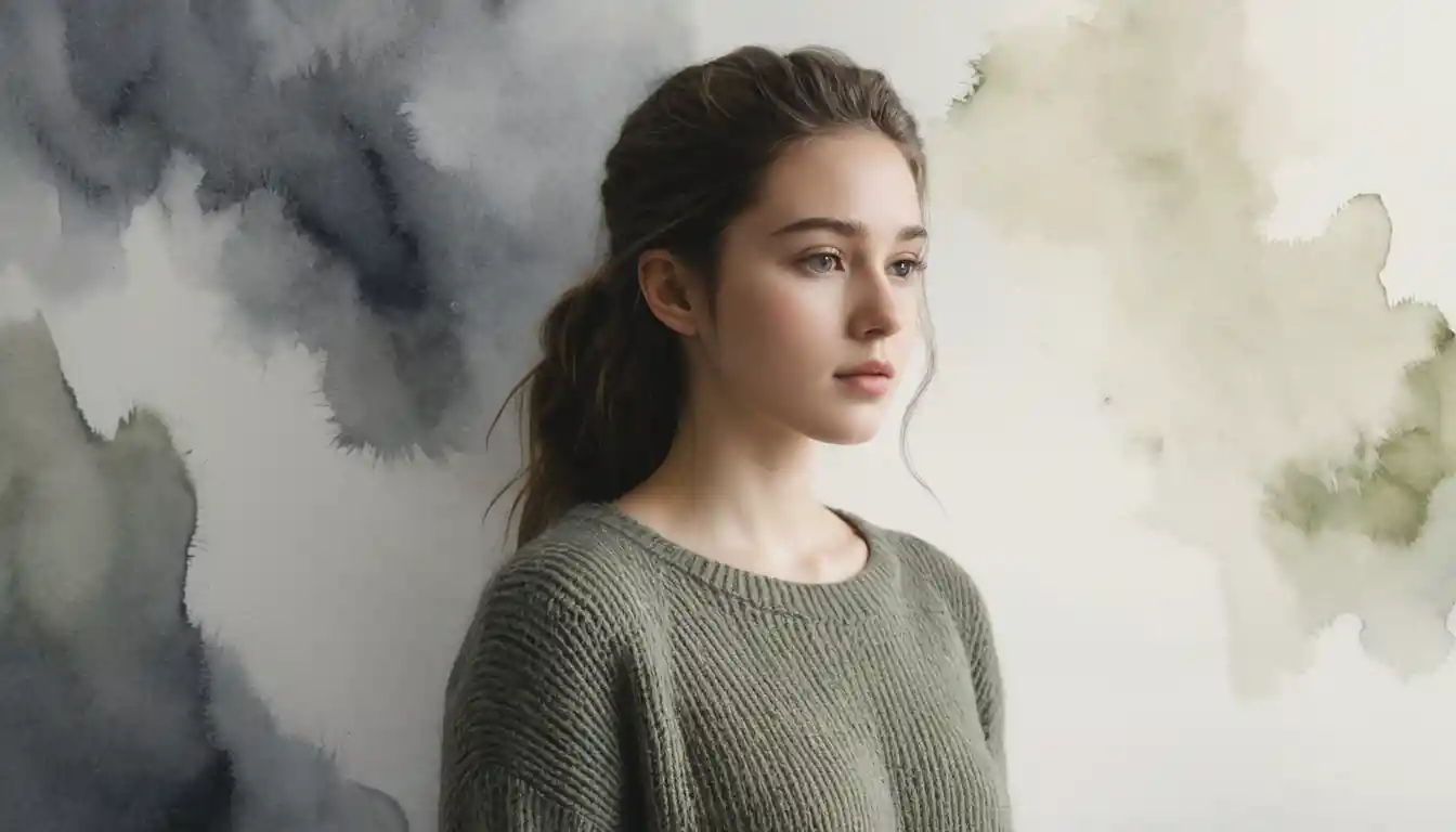 Watercolor portrait of a young woman fading into soft space