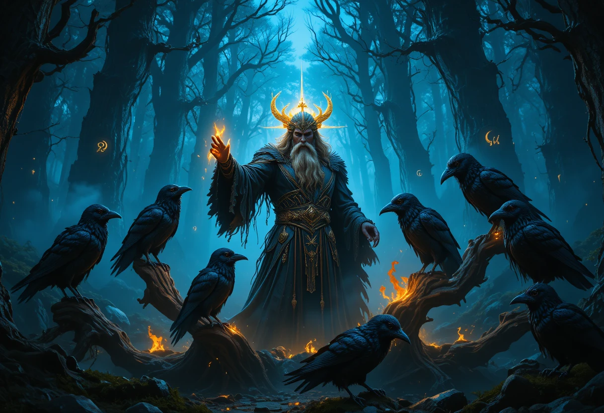 Divine figure with ravens in a glowing enchanted forest