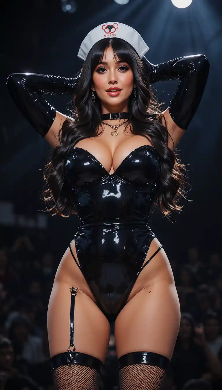 Glamorous Woman In Black Latex Outfit On Stage
