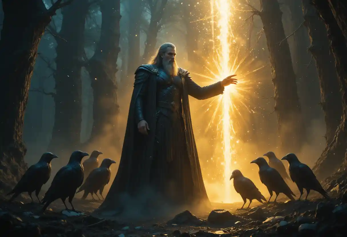 Odin Emerging From A Misty Forest With Guardian Ravens