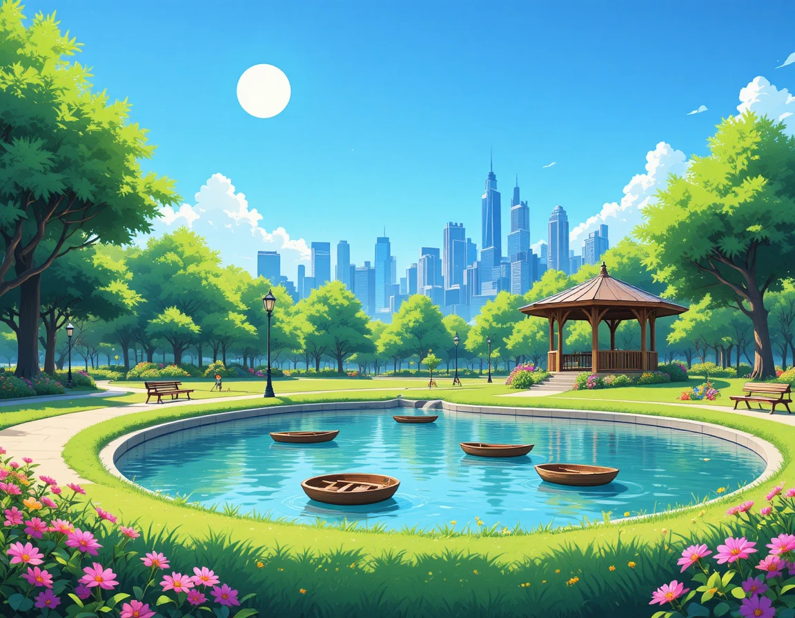 Peaceful city park illustration with pond and skyline