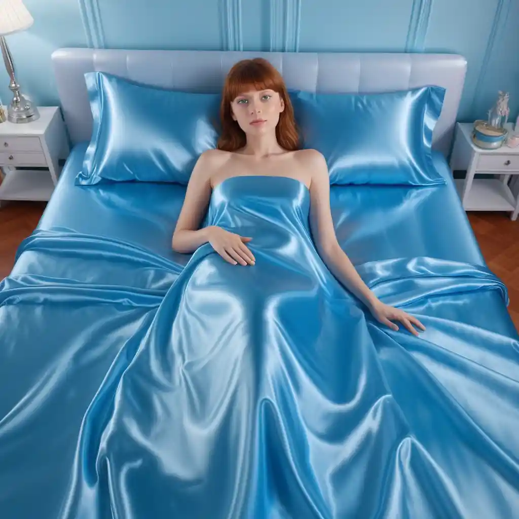 Woman lying on vivid blue satin bed sheets