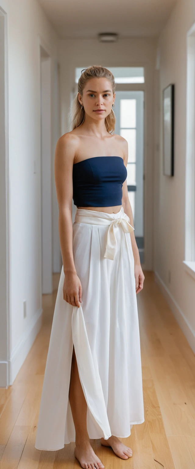 Young woman adjusting blue top in bright hallway