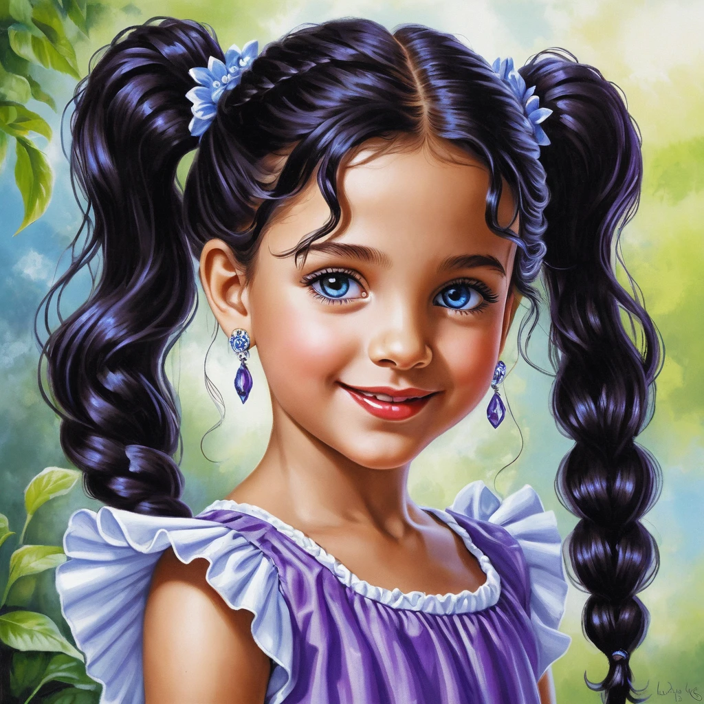 Smiling curly haired girl in purple summer dress illustration