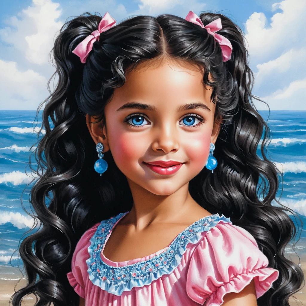Smiling Girl With Curly Black Hair In Pink Summer Dress