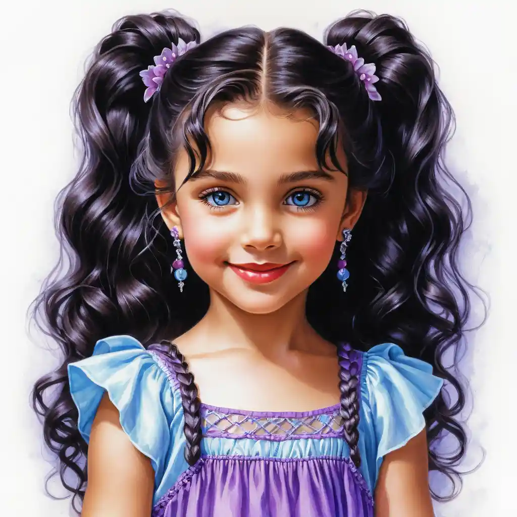 Smiling girl with long black braid in purple summer dress