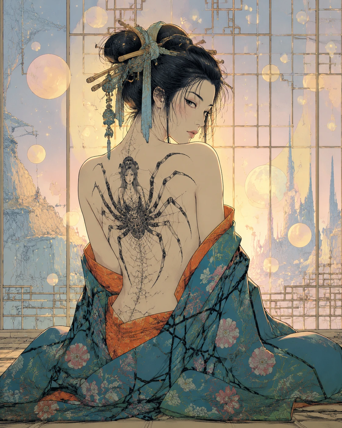 Arte lineal surrealista de una mujer japonesa con tatuaje en la espalda