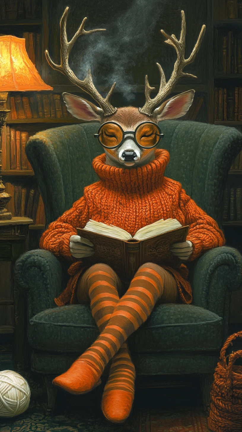 Cozy deer reading in an armchair with warm lamplight