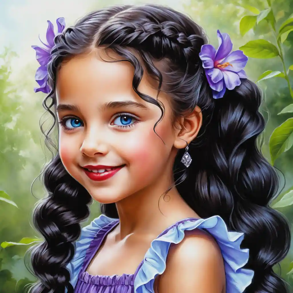 Smiling curly haired girl in a purple summer dress