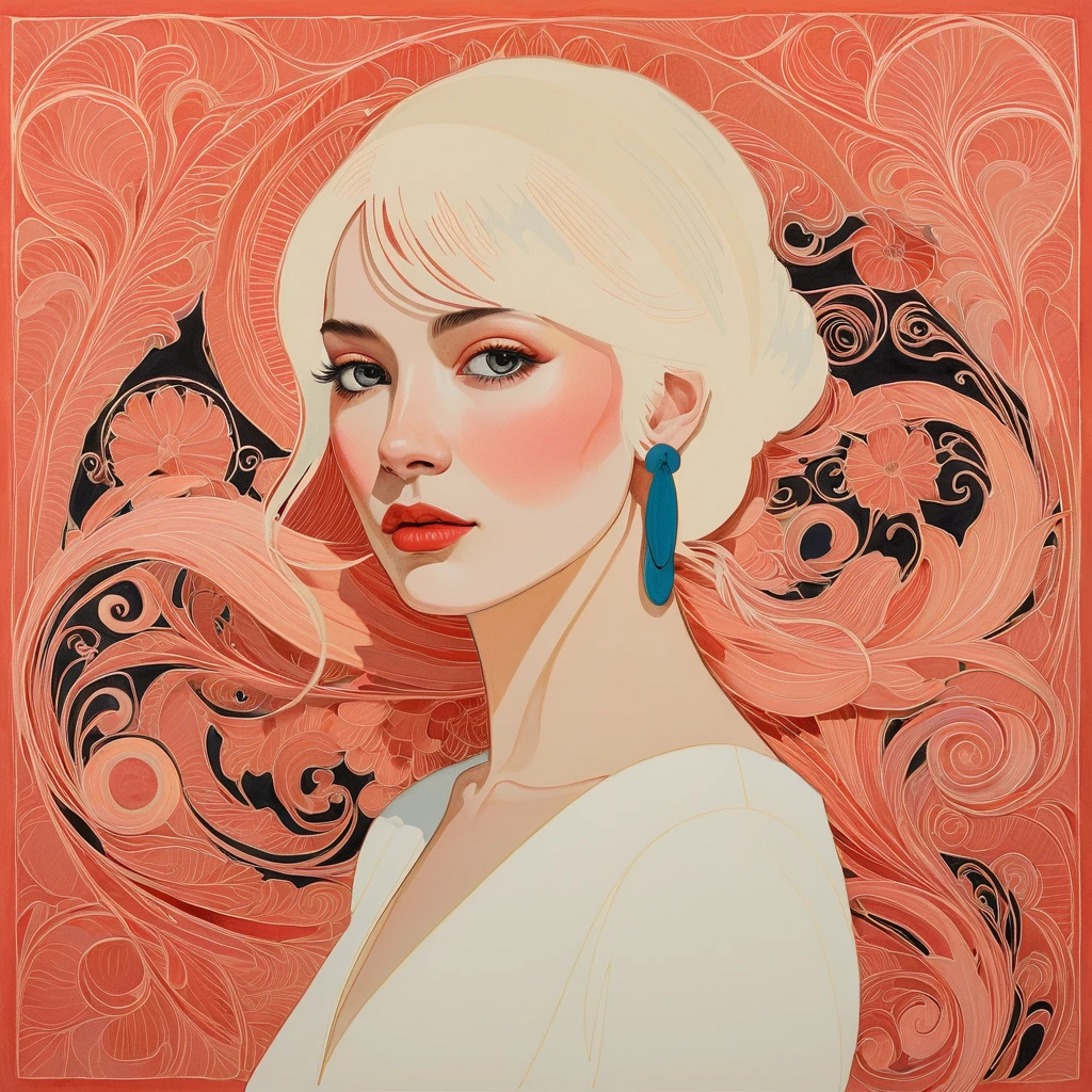 Graphic portrait of a melancholic woman on solid coral background