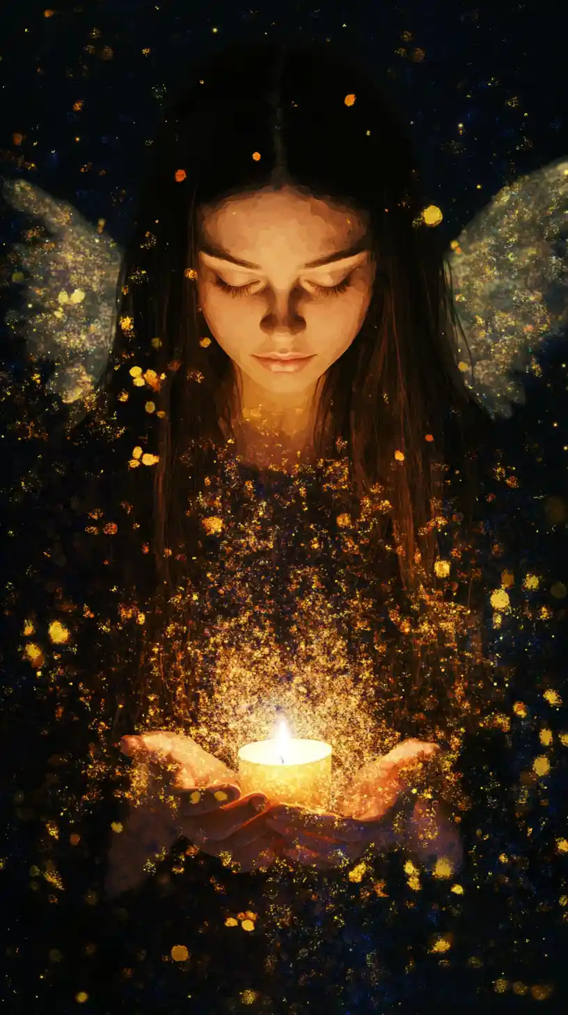 Girl With Candle And Angel Wings In Dark Mystical Portrait