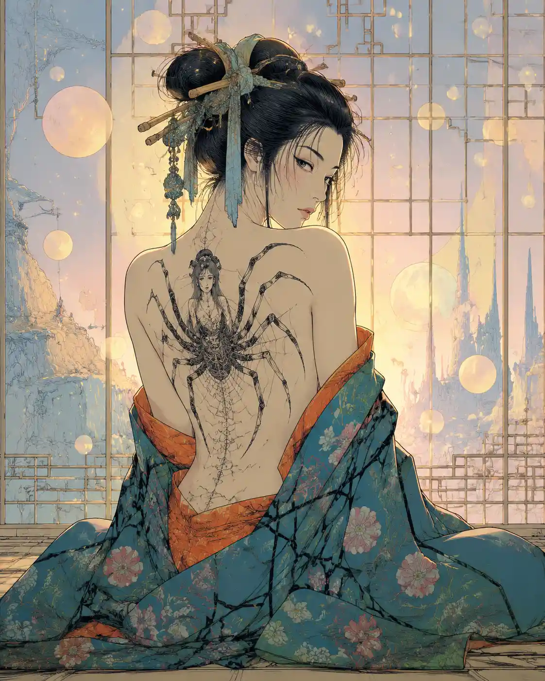 Surreal line art of a Japanese woman with back tattoo