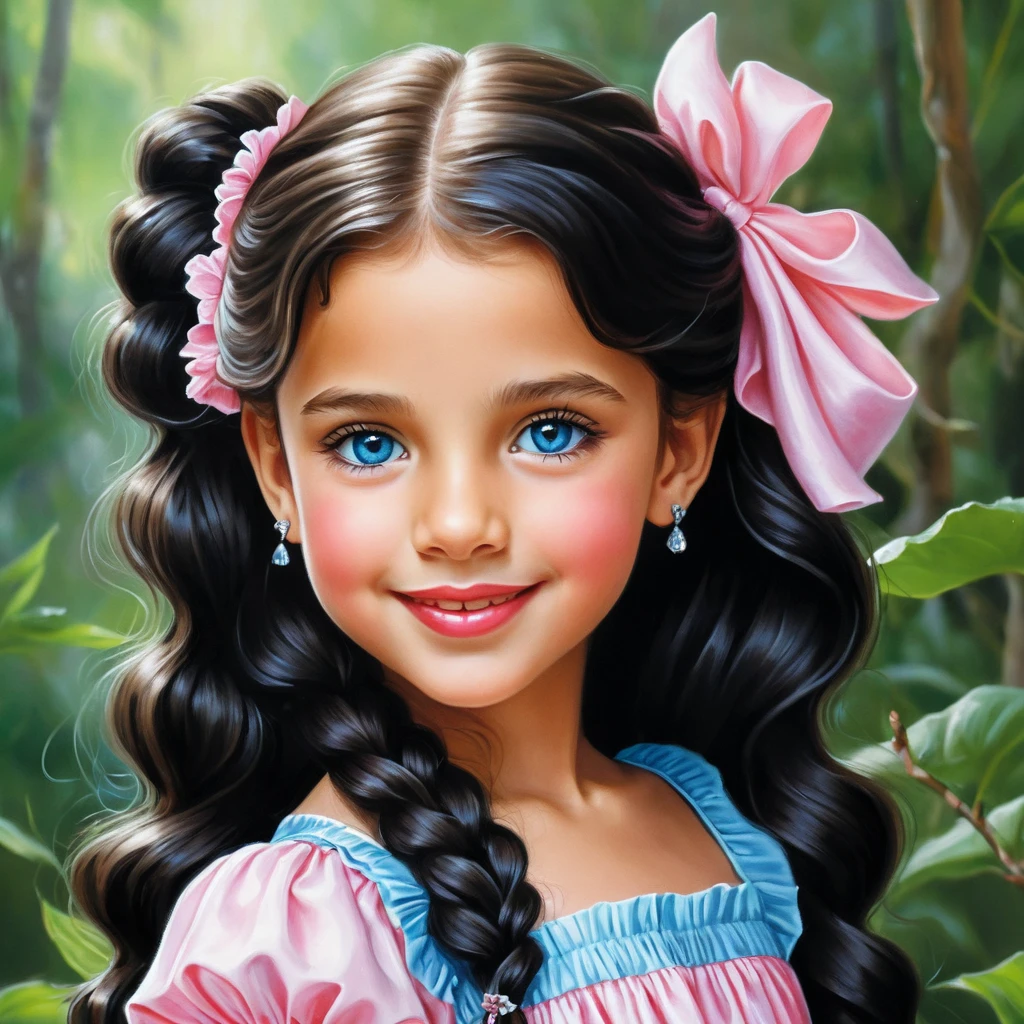Smiling blue eyed girl in pink summer dress illustration