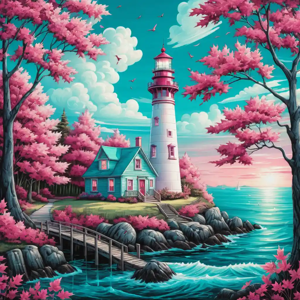 Close up cartoon lighthouse among summer forest trees