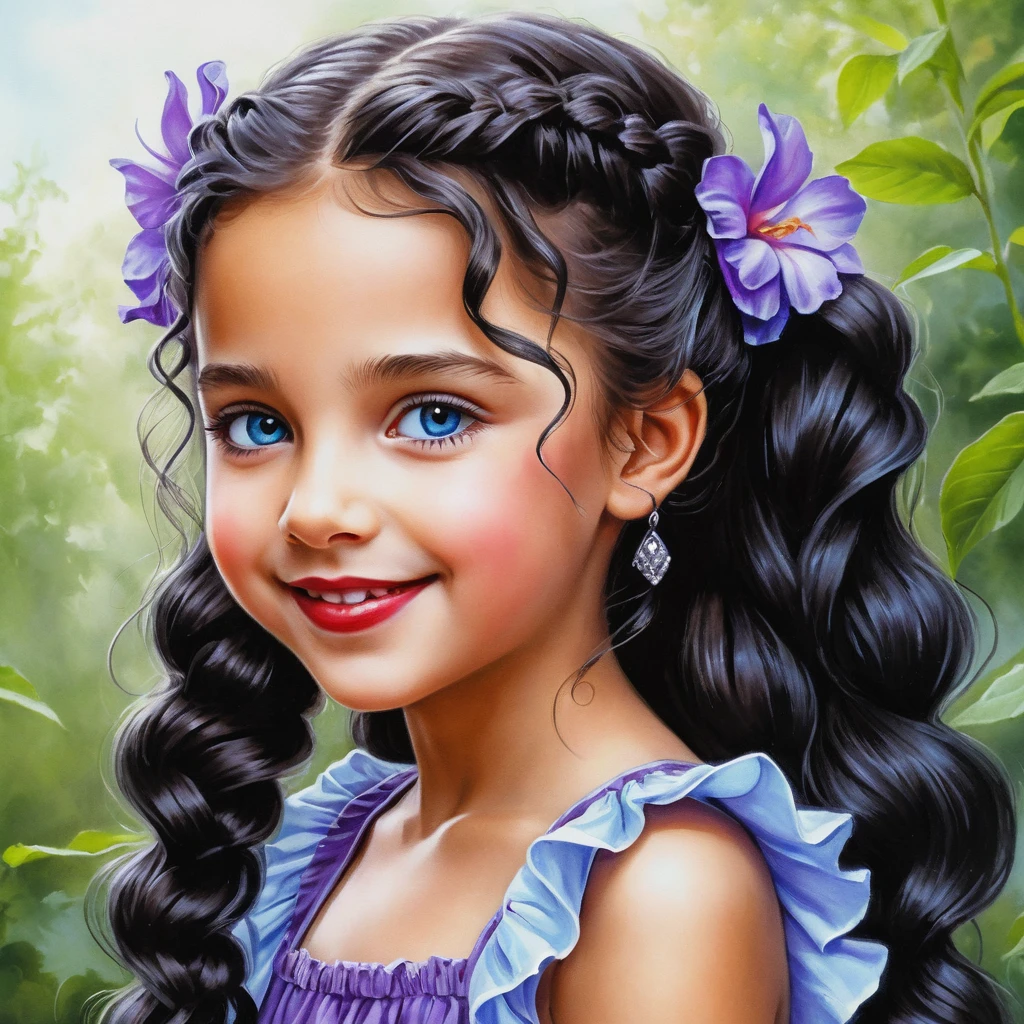 Smiling curly haired girl in a purple summer dress