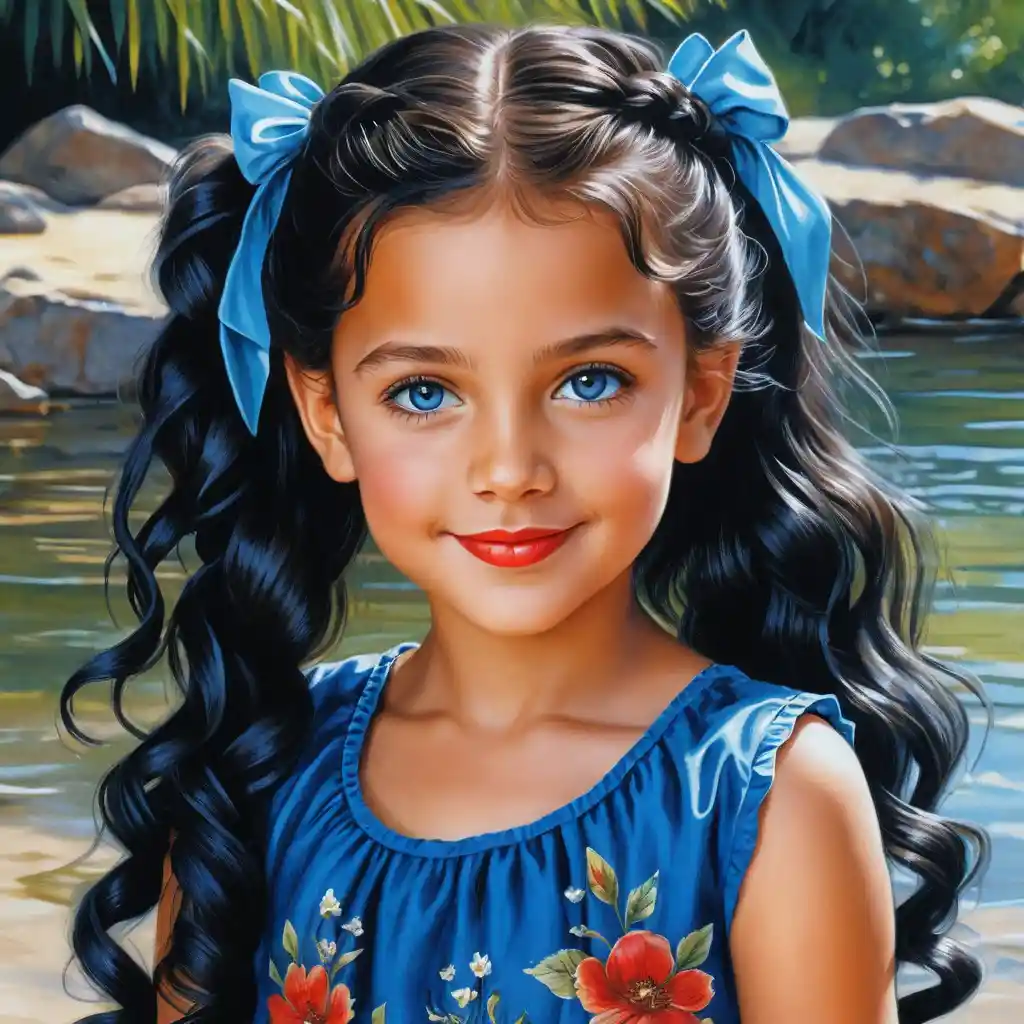 Smiling curly haired girl in a navy blue summer dress