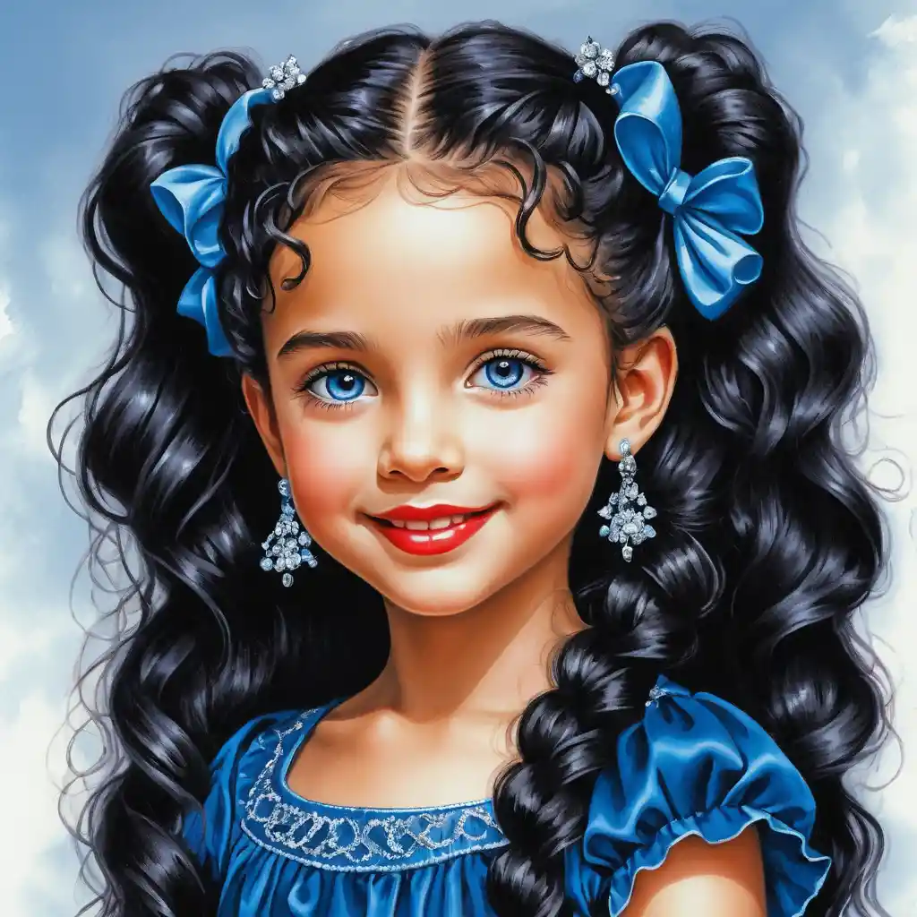 Smiling curly haired girl in a navy blue summer dress