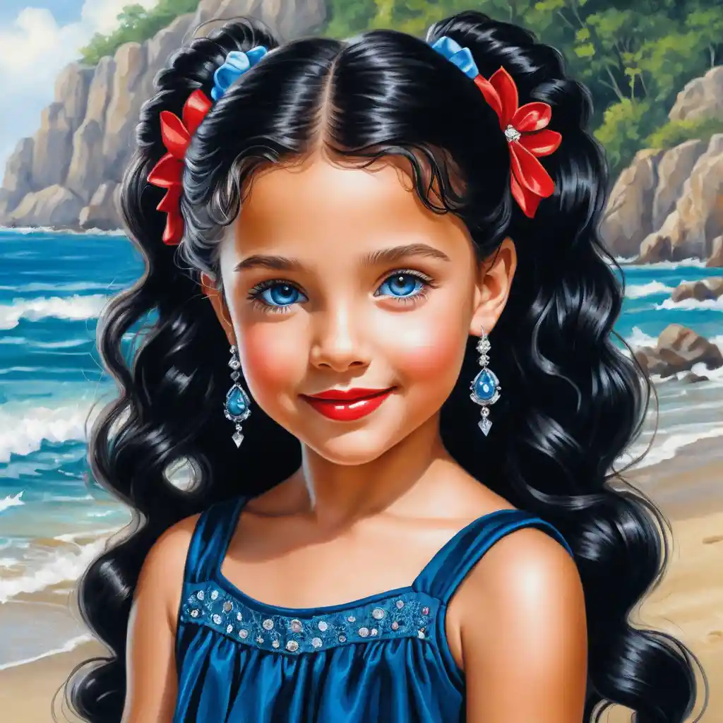 Smiling curly haired girl in navy summer dress illustration
