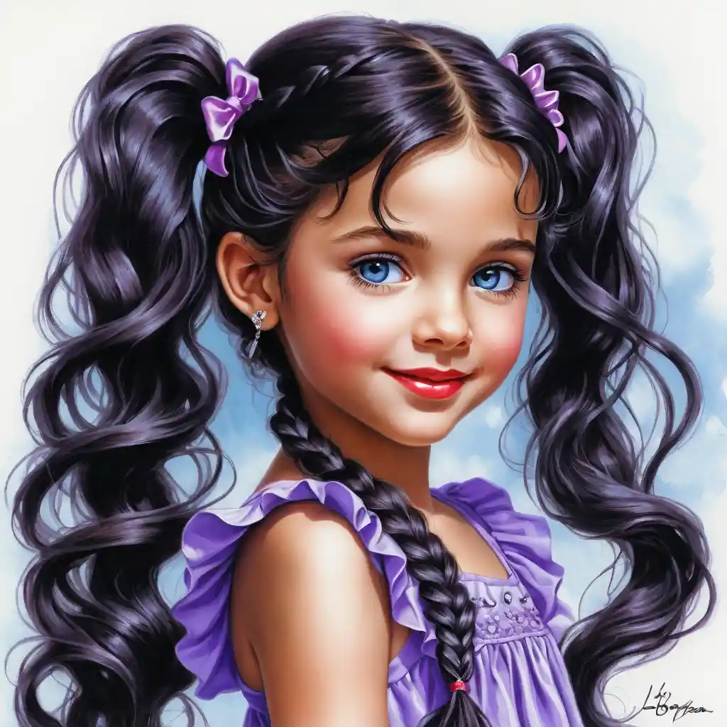 Smiling Girl With Curly Black Hair In Purple Summer Dress