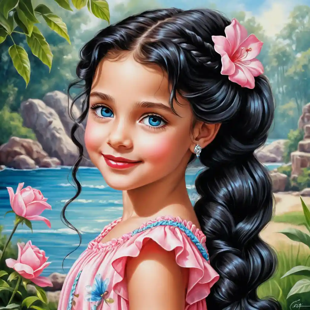 Smiling girl with curly black hair in pink summer dress
