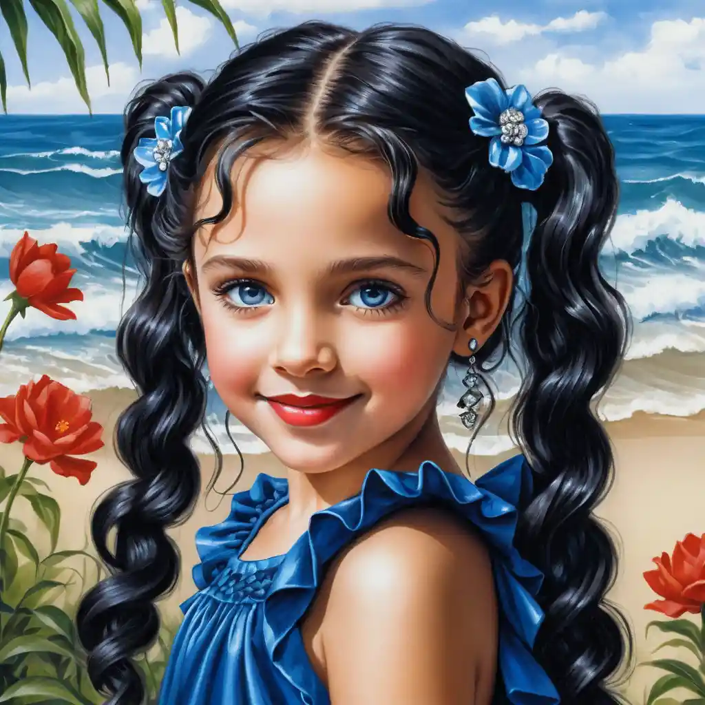 Smiling girl with long dark braid in navy summer dress