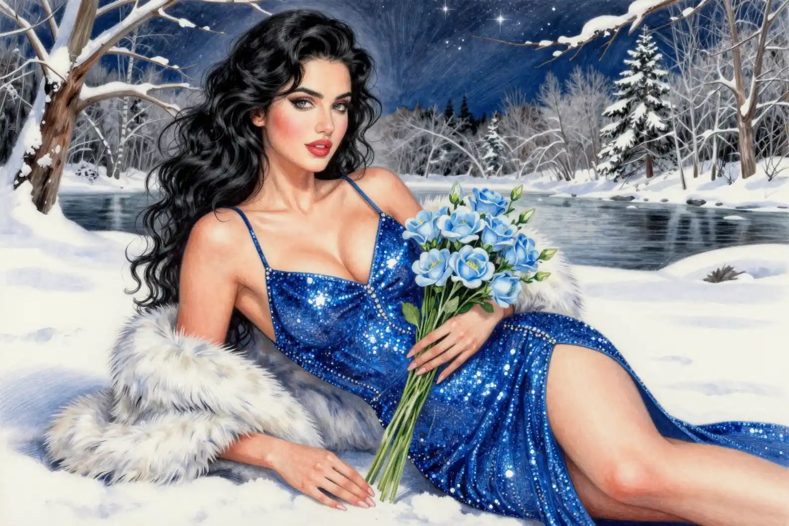 Elegant woman in blue dress lying in winter snow