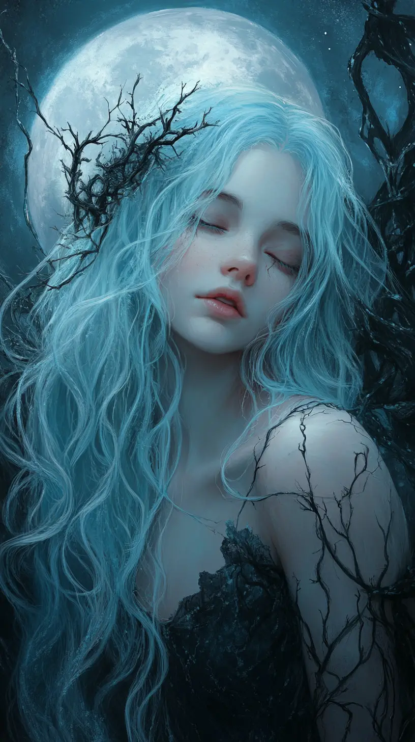Melancholic anime girl under a glowing full moon
