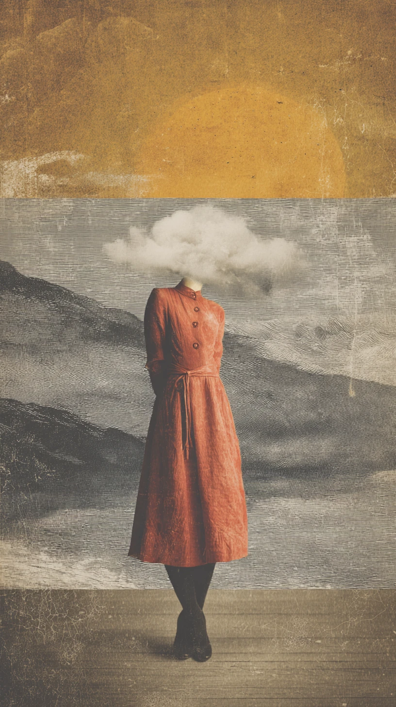 Melancholic surreal collage in soft painterly anime style