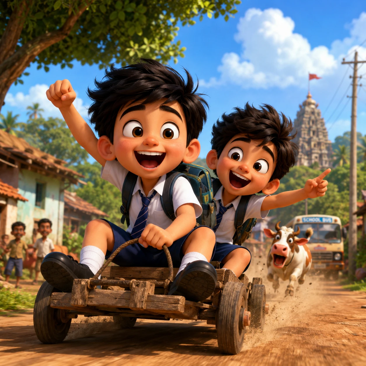 Cute cartoon schoolboy on a playful village adventure