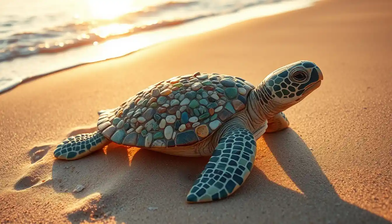 Mosaic turtle resting on a sunny sandy beach shoreline