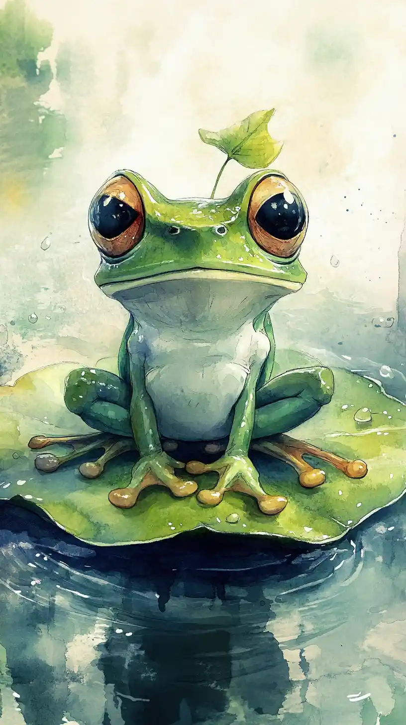 Quirky watercolor frog on lily pad with big glossy eyes