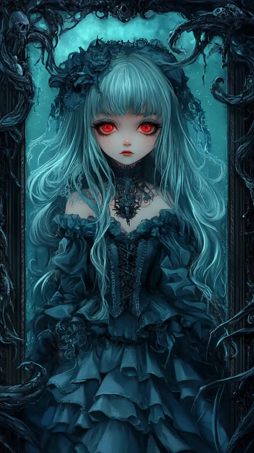 Anime girl in gothic mirror with glowing turquoise hair