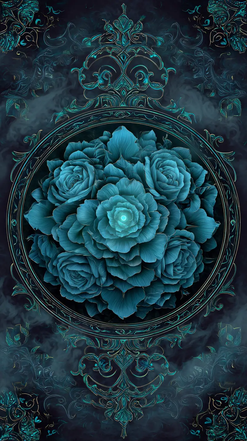 Mandala di Rosa Verde Petrolio con Centro Luminoso su Sfondo Scuro