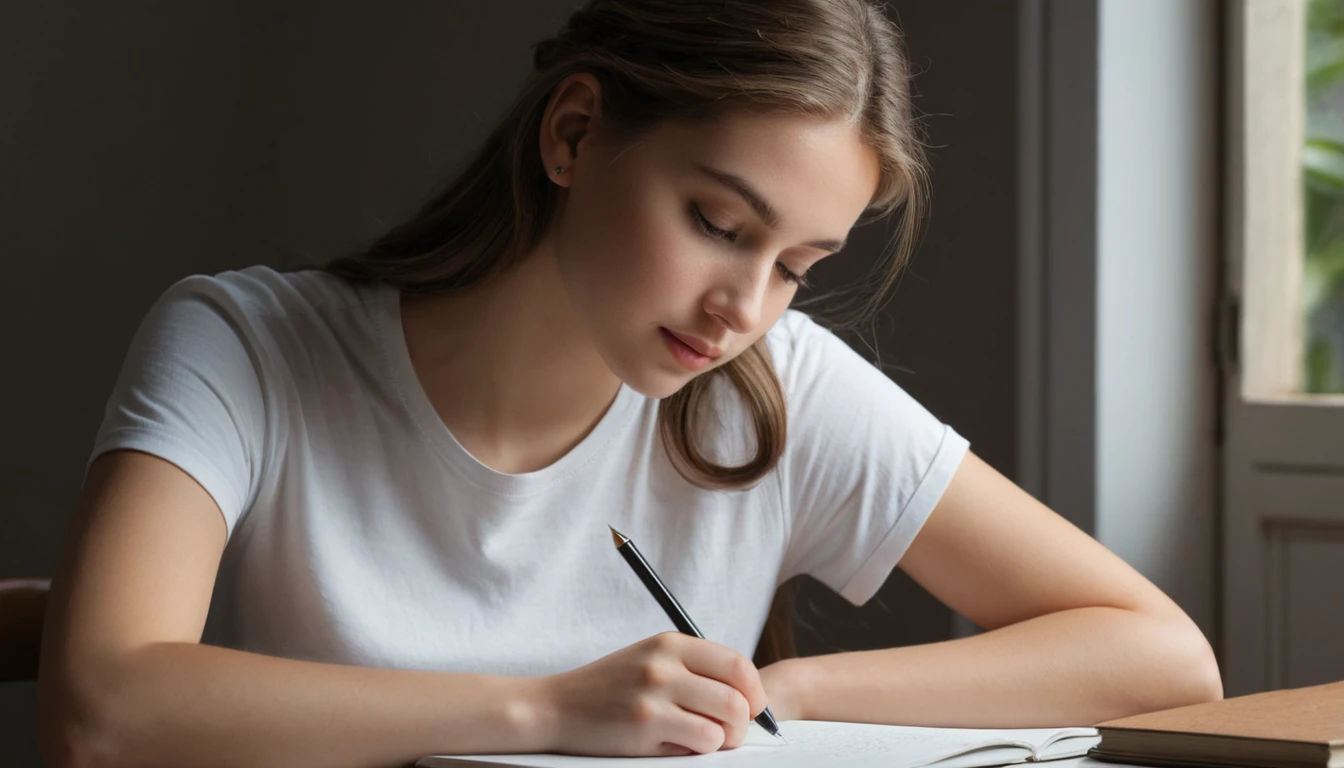 Joven escribiendo intensamente en un escritorio en penumbra