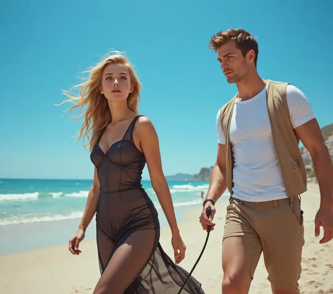 Young woman walking on a sunny Mediterranean beach