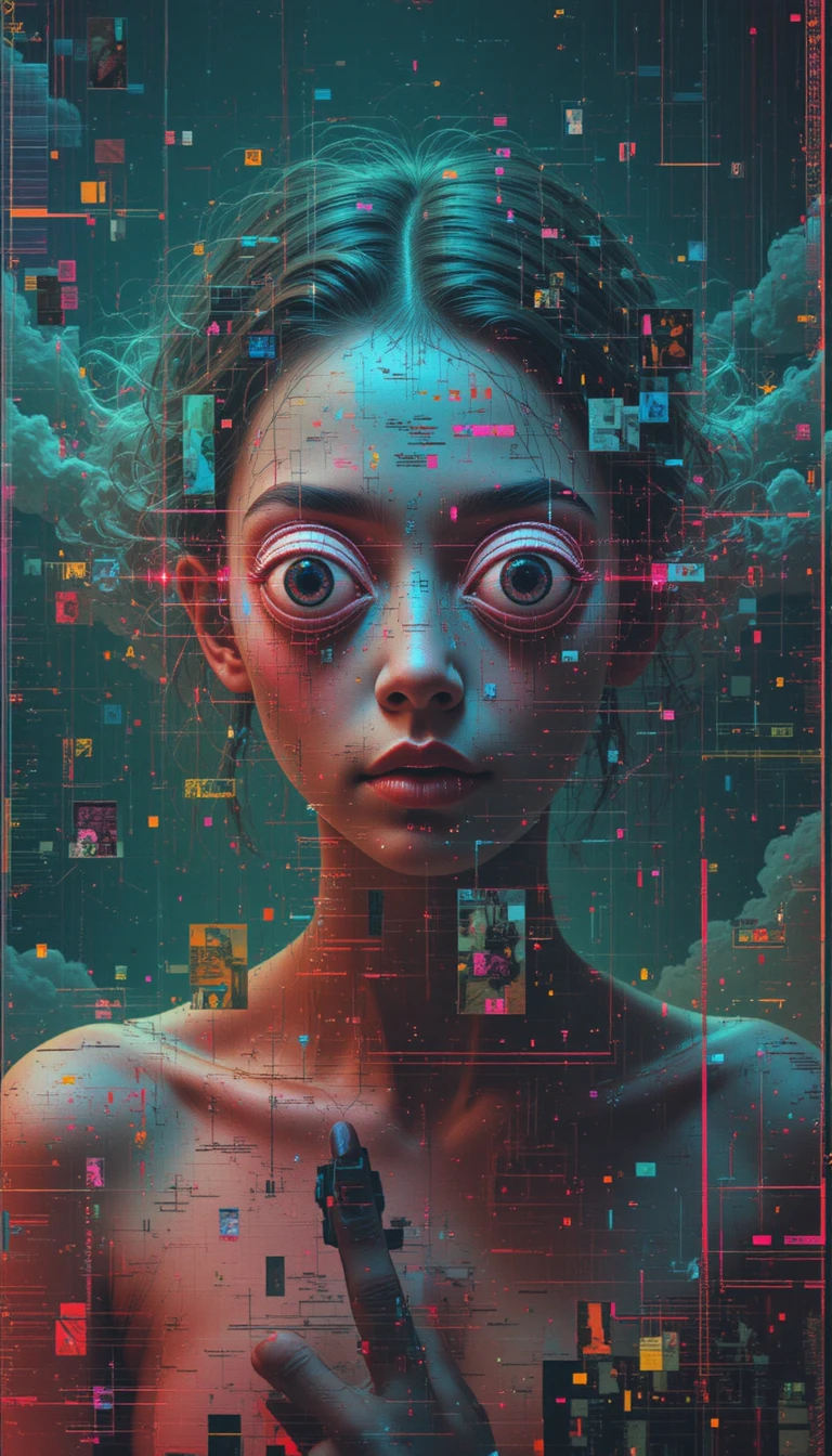 Neon glitch art with distorted rgb channels and cd figure