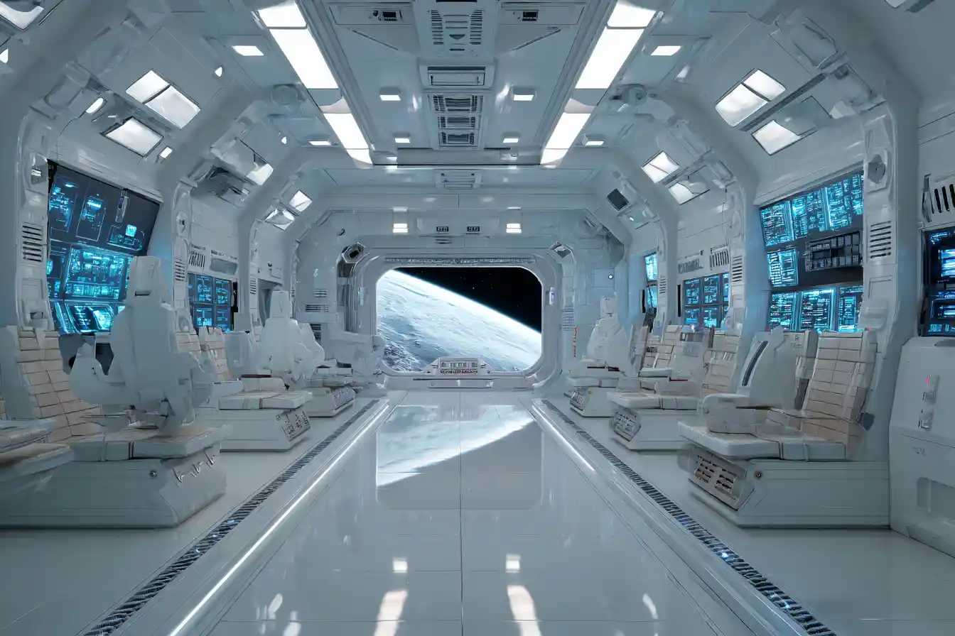 Futuristic women soldiers in a bright spaceship control lab