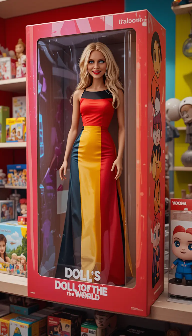 Tall blonde woman doll in German flag dress display box