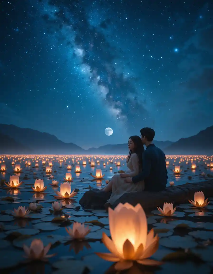 Romantic couple by a magical night lake under starry sky