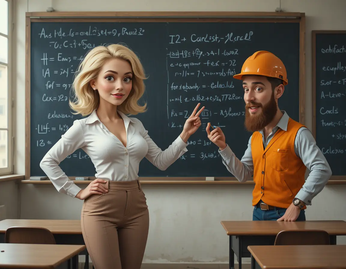 Confident blonde teacher explaining complex math at chalkboard