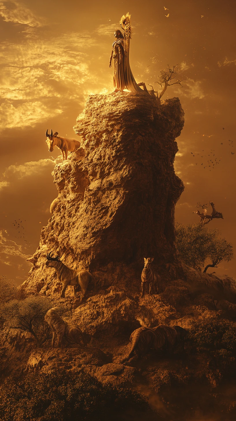 Regal woman on rock above symbolic savanna animals