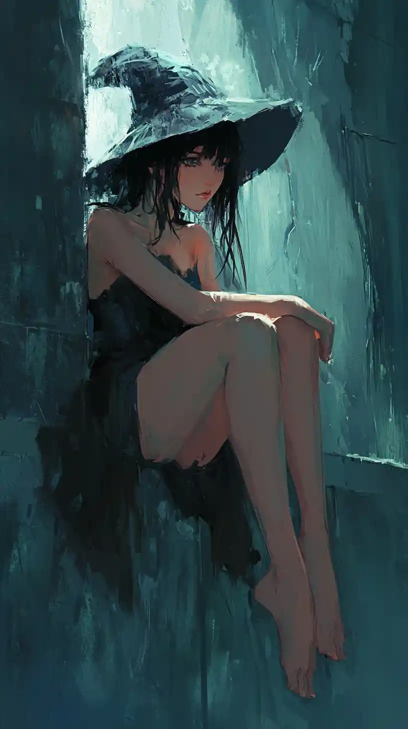 Lonely anime woman in ruins with dramatic golden light