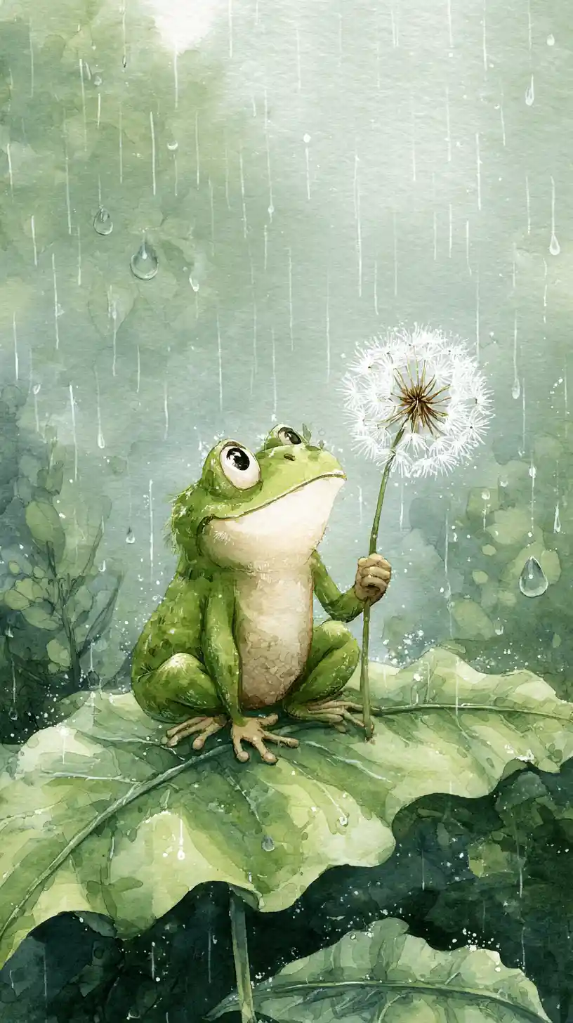 Frog With Dandelion On Leaf In Gentle Rainy Forest