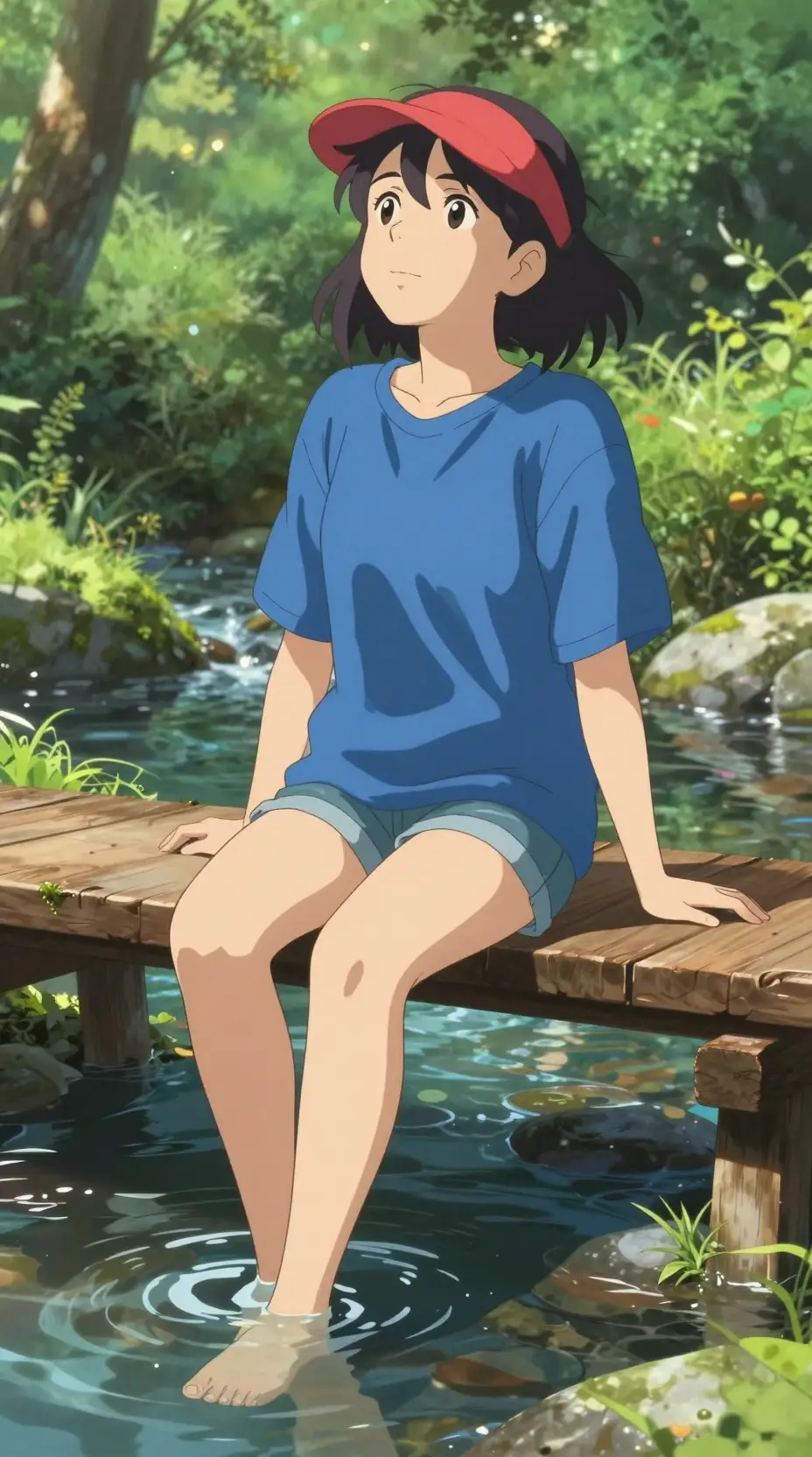 Anime woman relaxing on a forest footbridge in sunlight