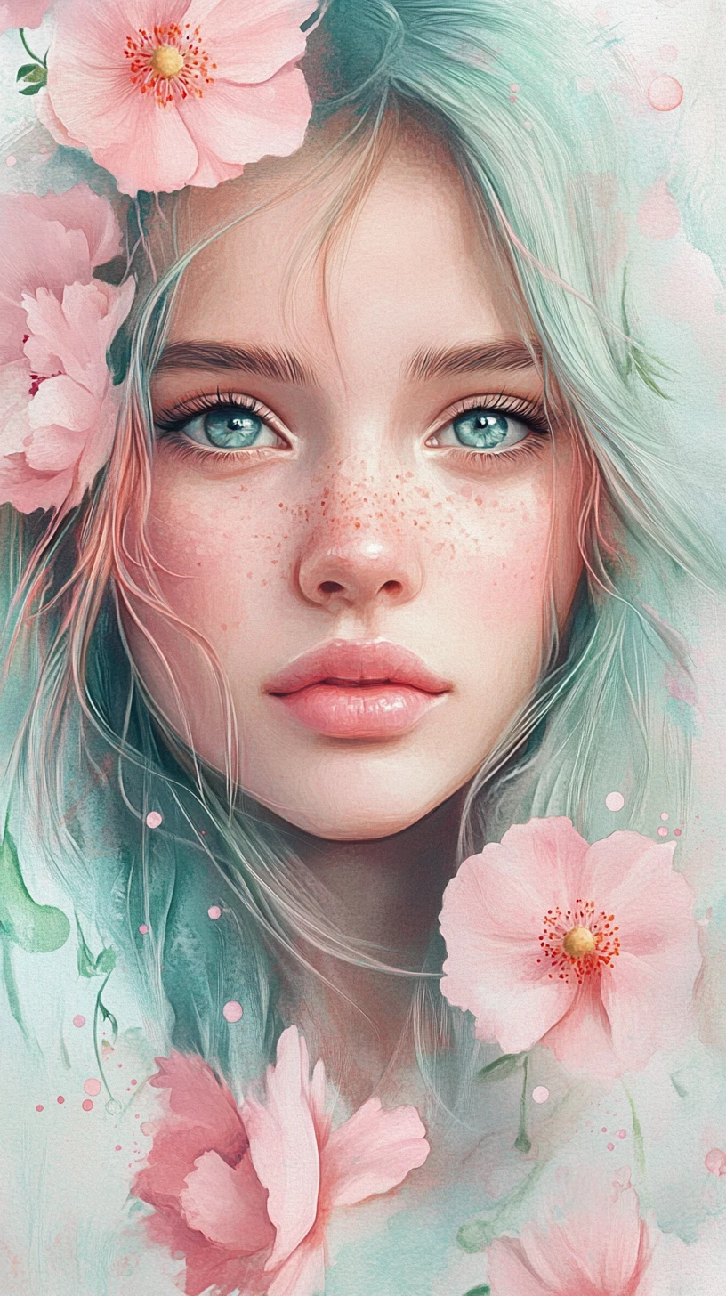 Dreamy mint and pink haired girl with floral watercolor hair
