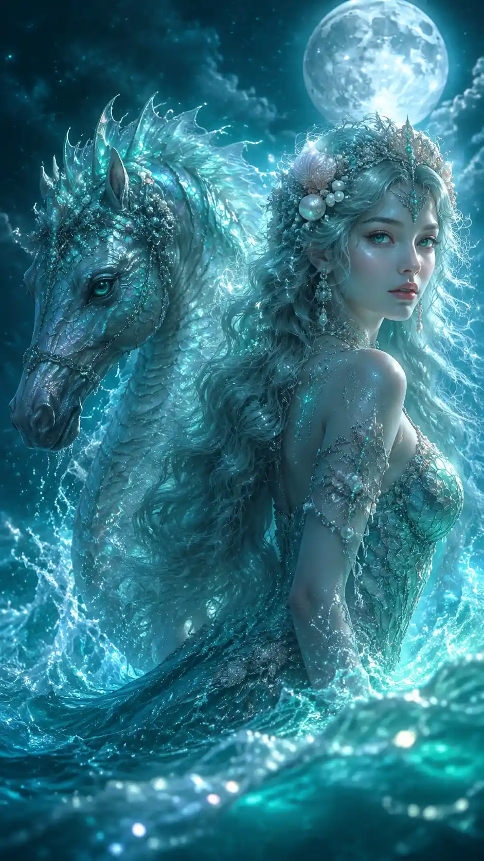 Ocean empress with sea dragon under glowing moonlit waves