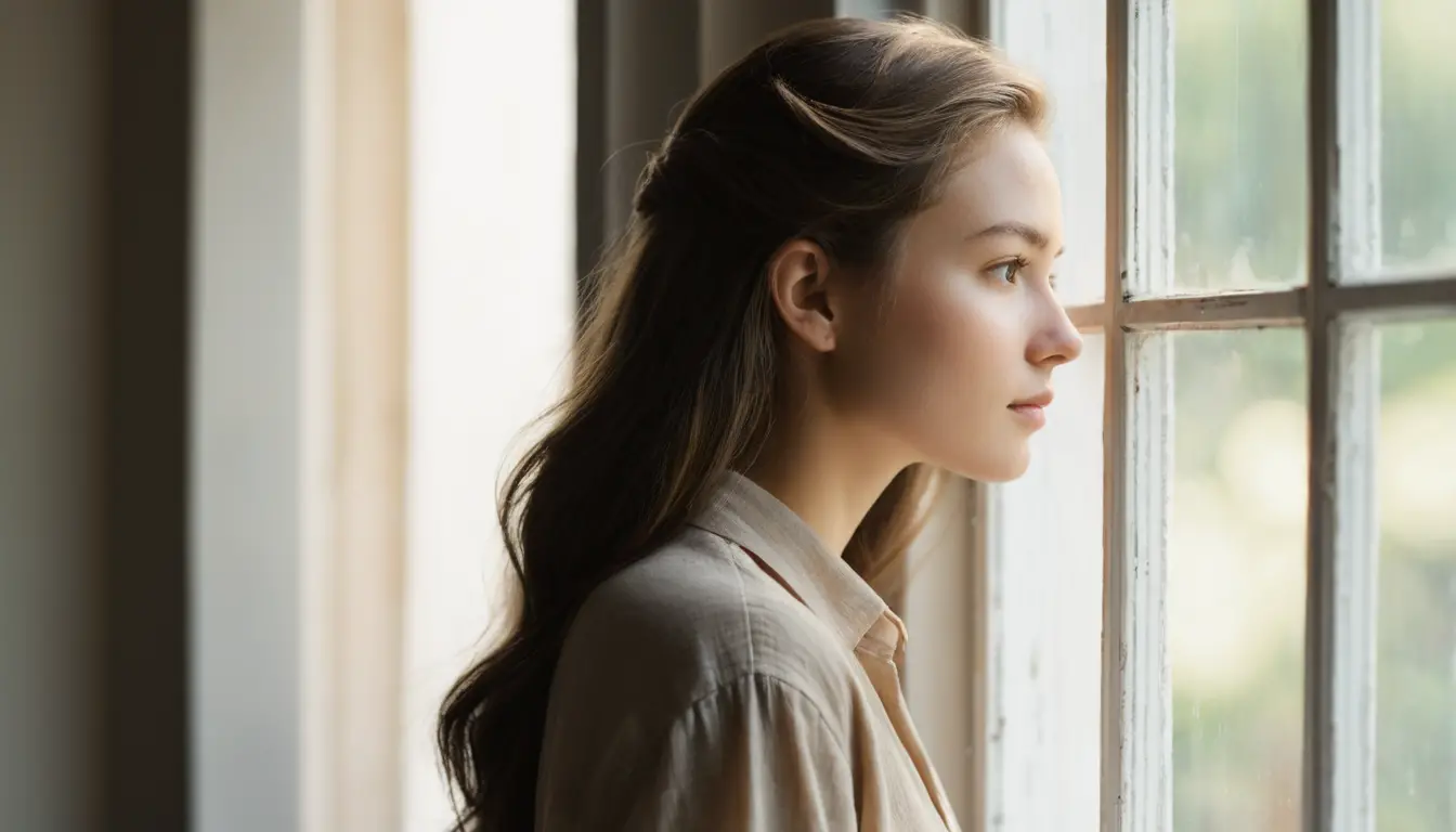 Young woman in profile leaning quietly against a window